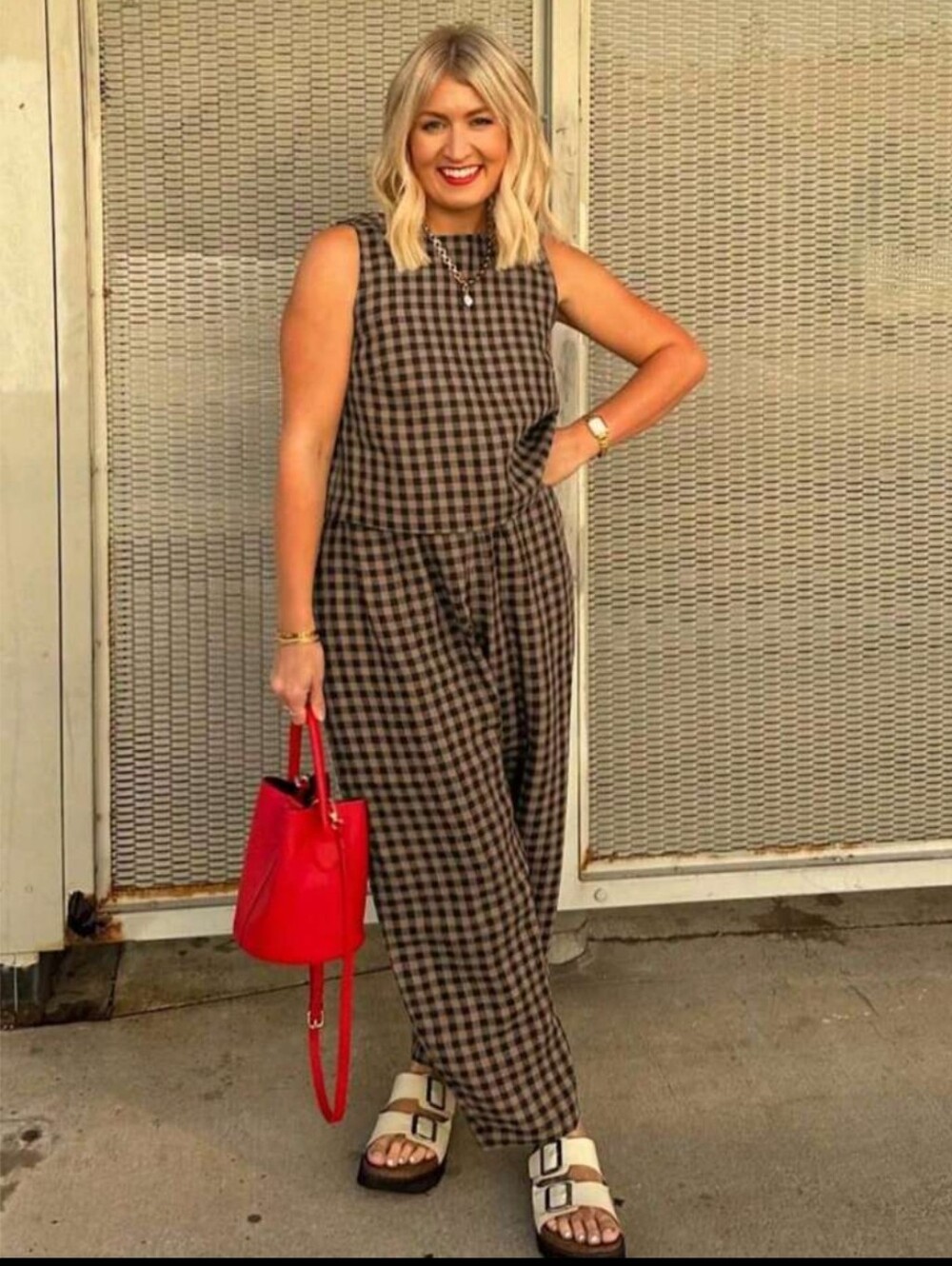 Brown Gingham Plaid Two Piece Outfit Top And Pants Medium New